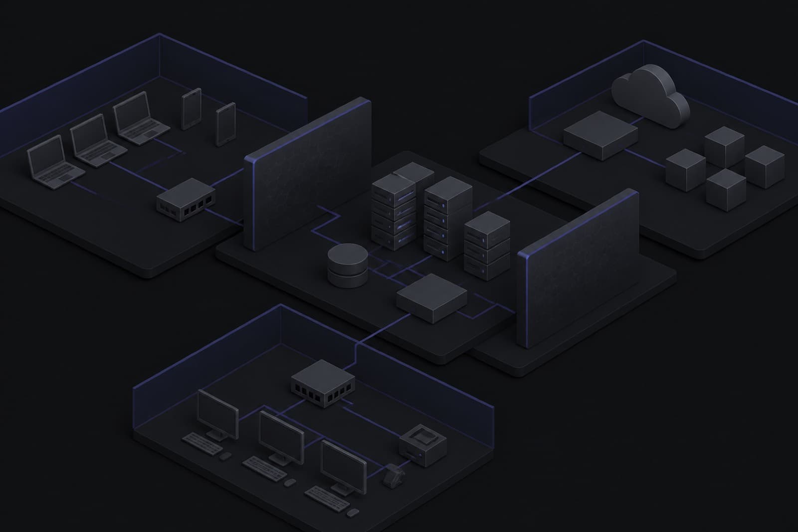 Segmented network zones visualized as layered dark planes