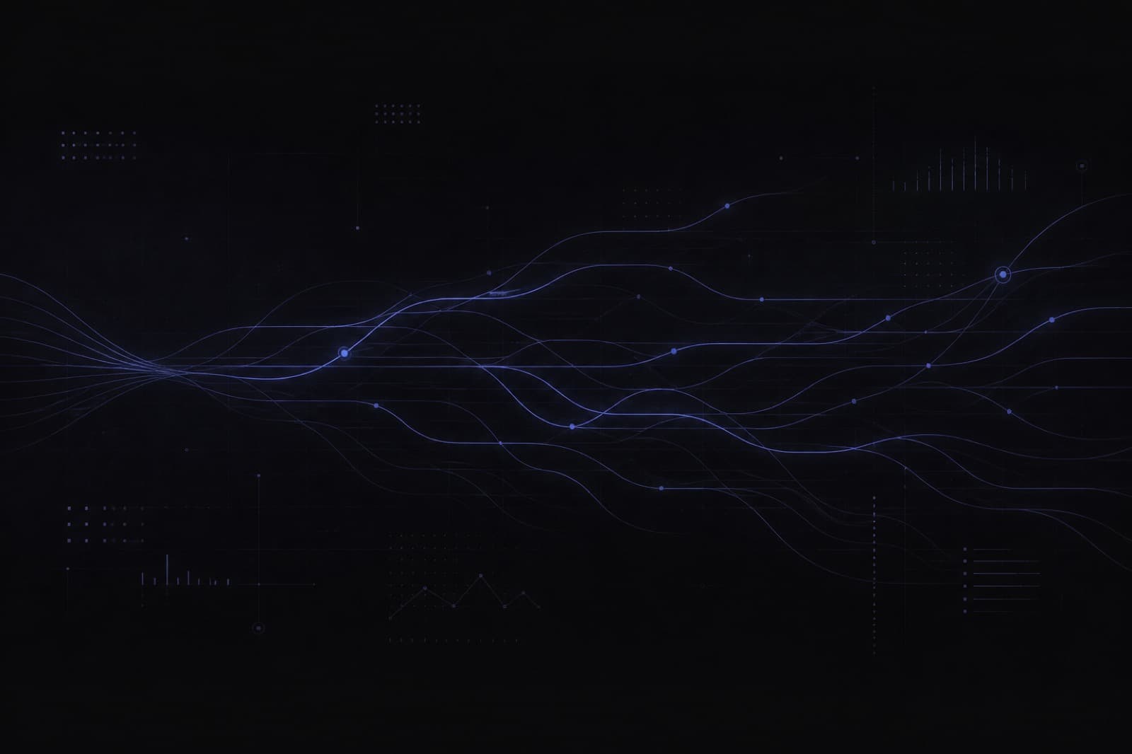 Abstract telemetry traces across a dark graphite field with indigo accents
